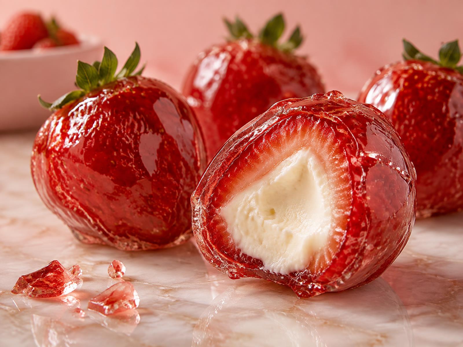 Glossy candied strawberries with a crackling red shell